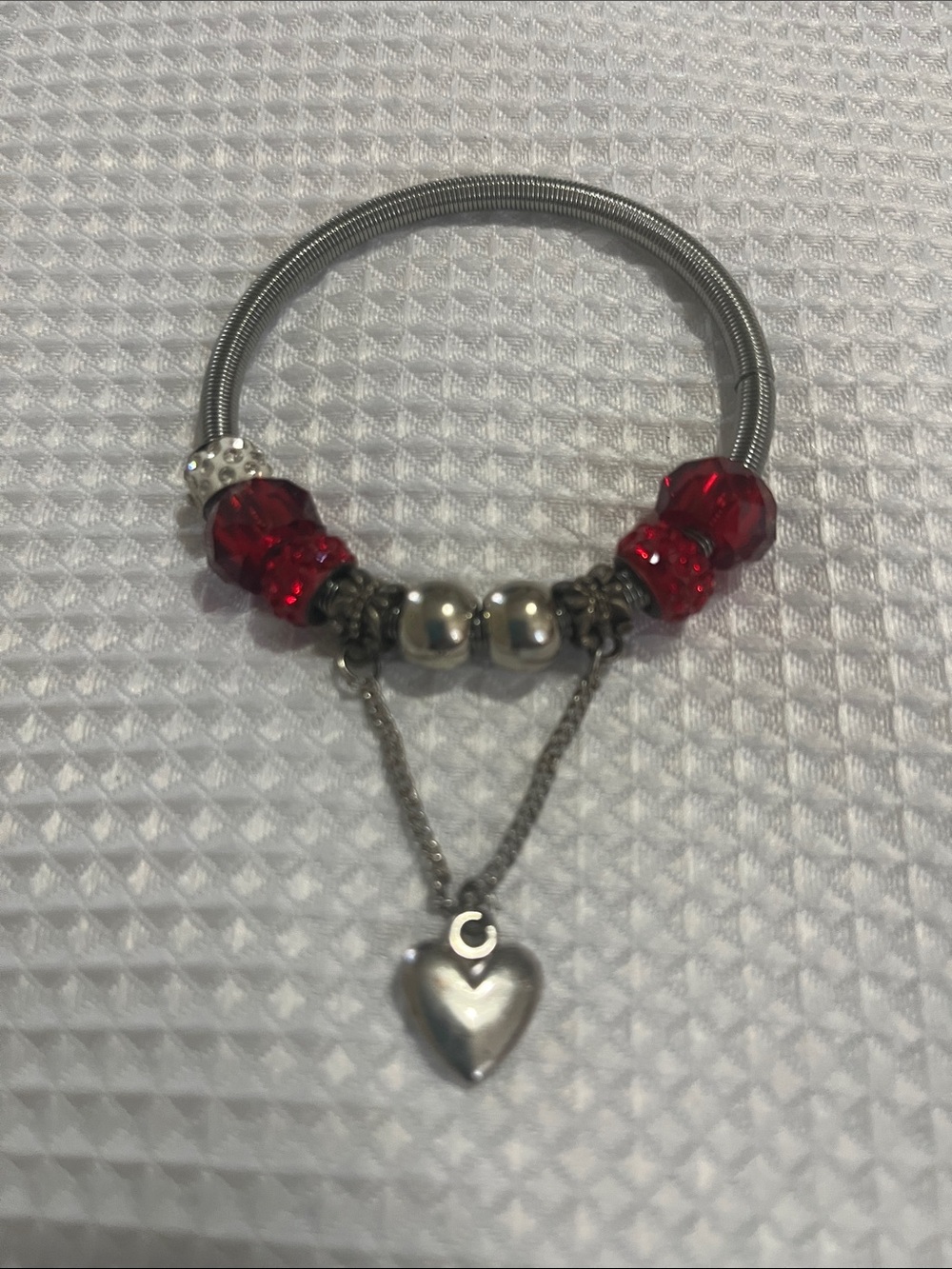 Silver-Tone Bracelet with Red Crystal Beads and Heart Charm